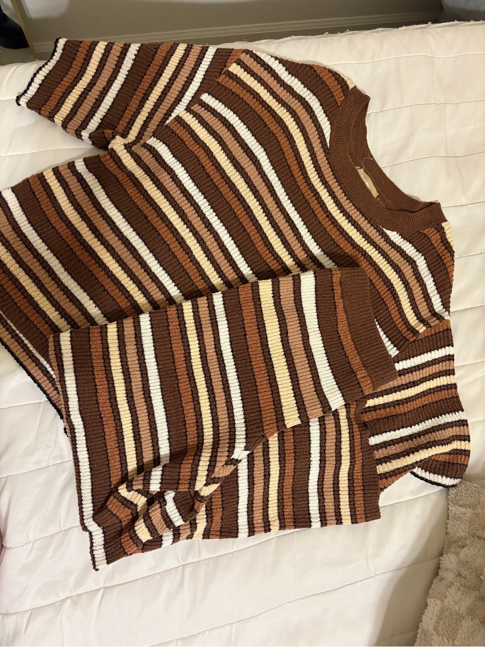 Free People Striped Crewneck Sweater in Brown, Tan & Cream